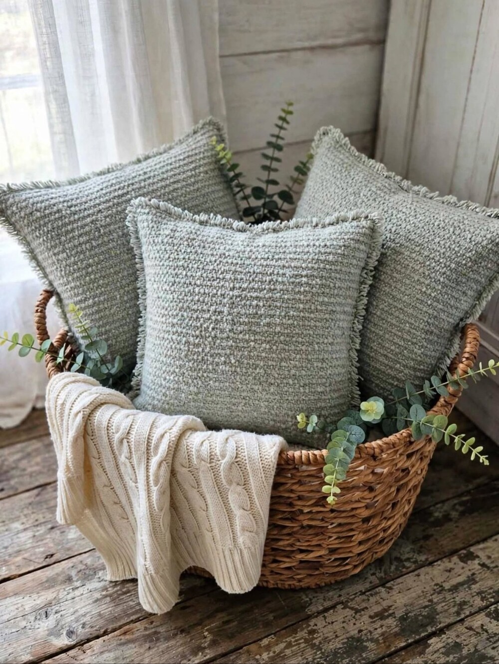 Set of 3 - 20x20 Sage Boucle Fringe Pillow Covers - Textured Cottage Throw Cover